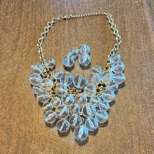Clear Bead Bib Necklace and Earrings Set - Gold Tone Chain